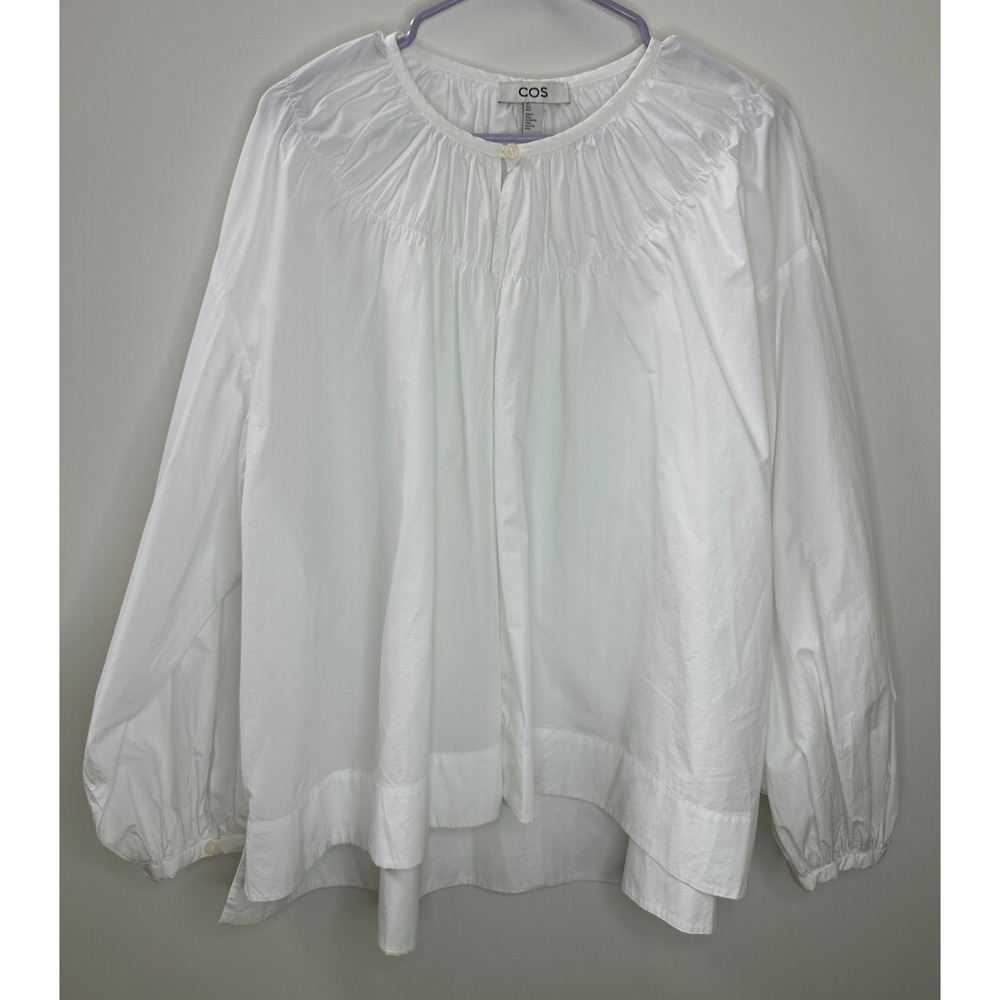 COS White Cotton Poplin Oversized Gathered Neckline Blouse Large Popover Top - Picture 2 of 12